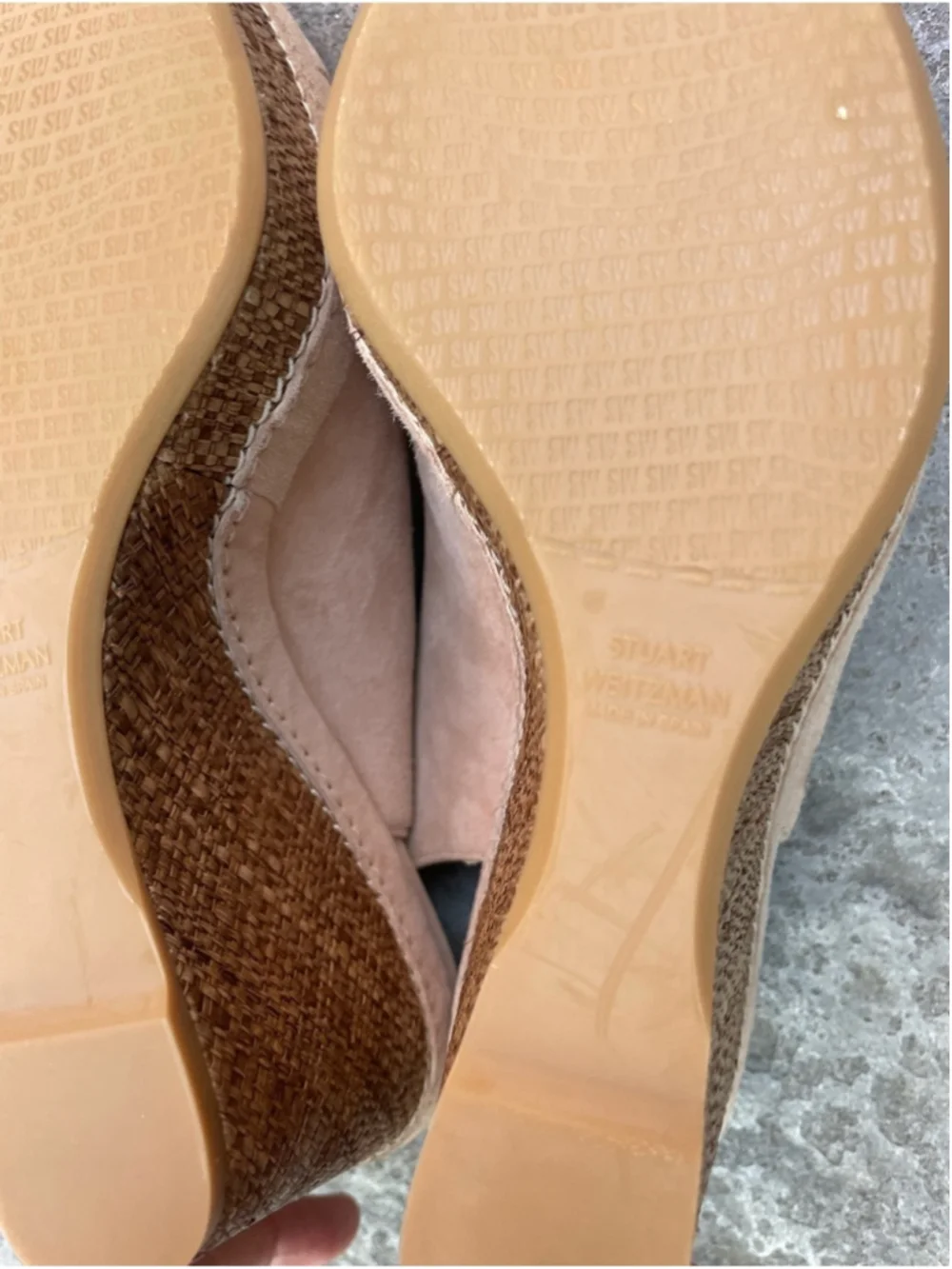 Stuart Weitzman Nude Suede Raffia Wedge Sandals Peep-Toe Slingback Beige - Picture 5 of 8